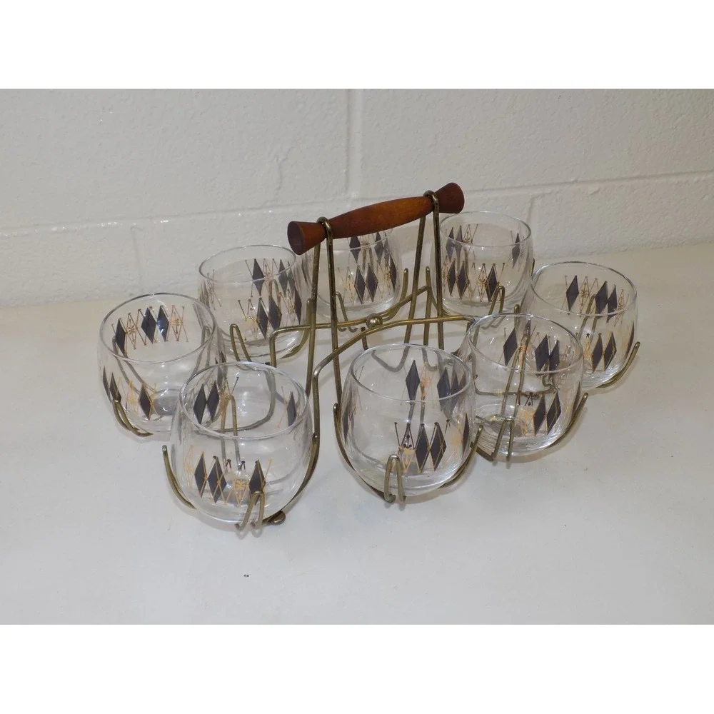 Federal Glass Harlequin Roly Poly Glasses Caddy Set MCM Atomic Barware 9 Pc